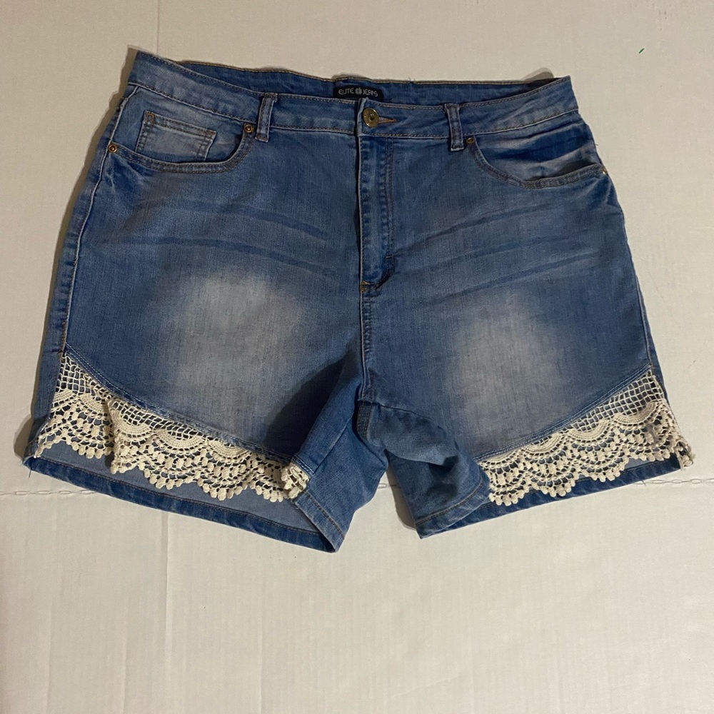 Blue Lace Trim Jean Shorts with Belt Loops